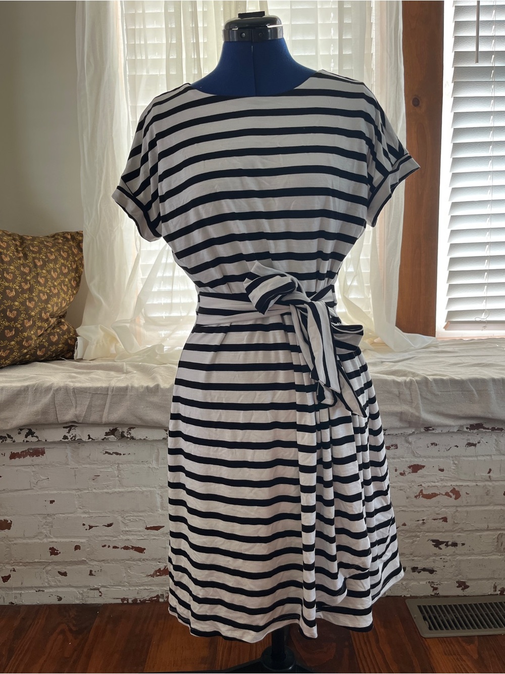 Chaps brand: Classic Black and White Striped Tie-Waist Dress